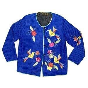 Julia Kim Novelty Embroider‎ Appliqué Blazer Jacket Women L Blue Art Classic 80s